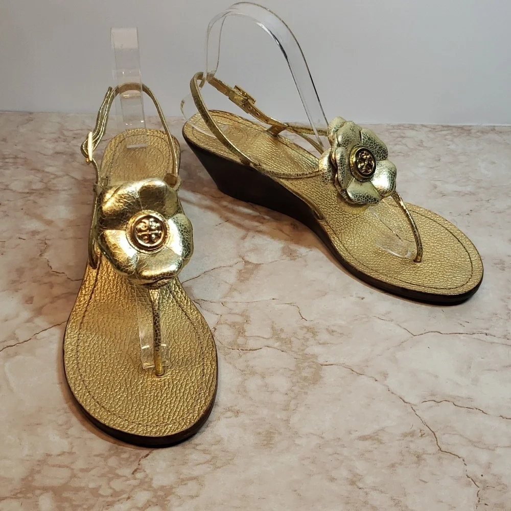 Tory Burch Gold Toe Hook Slingback Wedges Women's Sandals Size 7.5